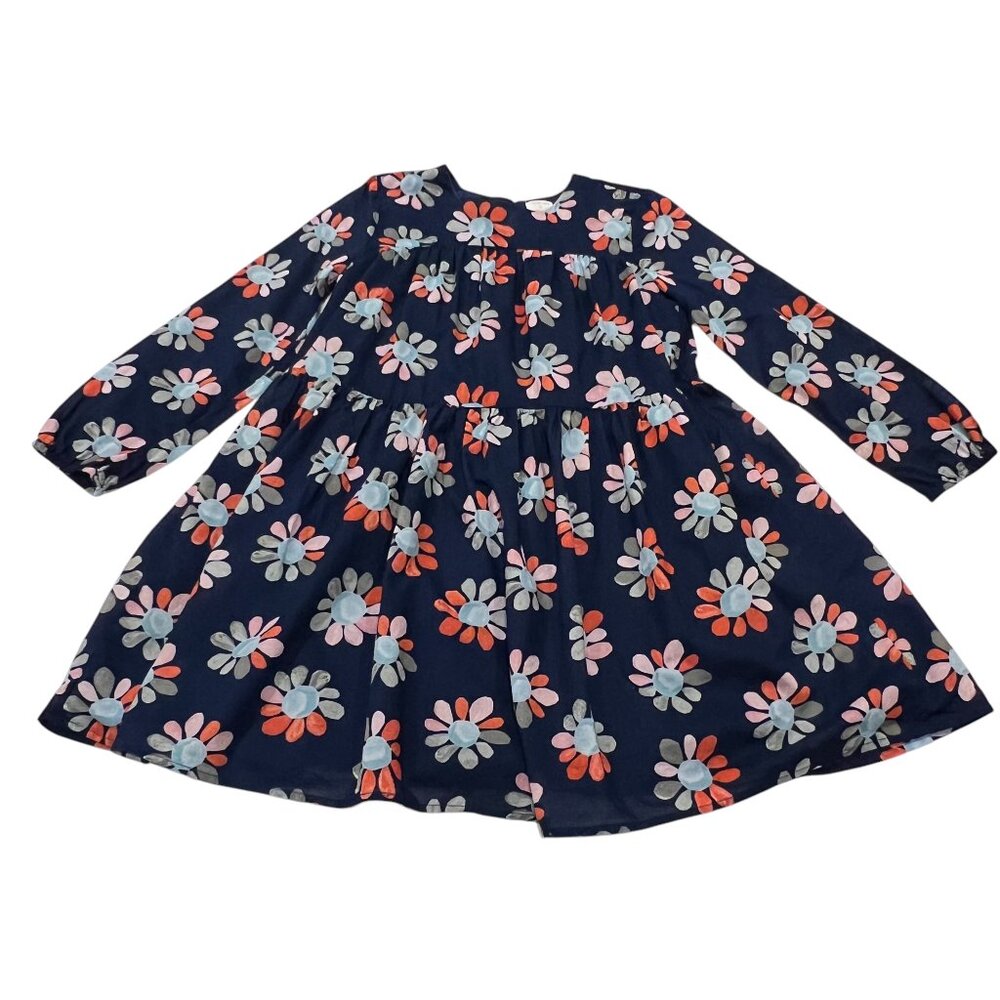 Crewcuts Cotton Watercolor Floral Long Sleeved Tiered Dress, Navy, 10